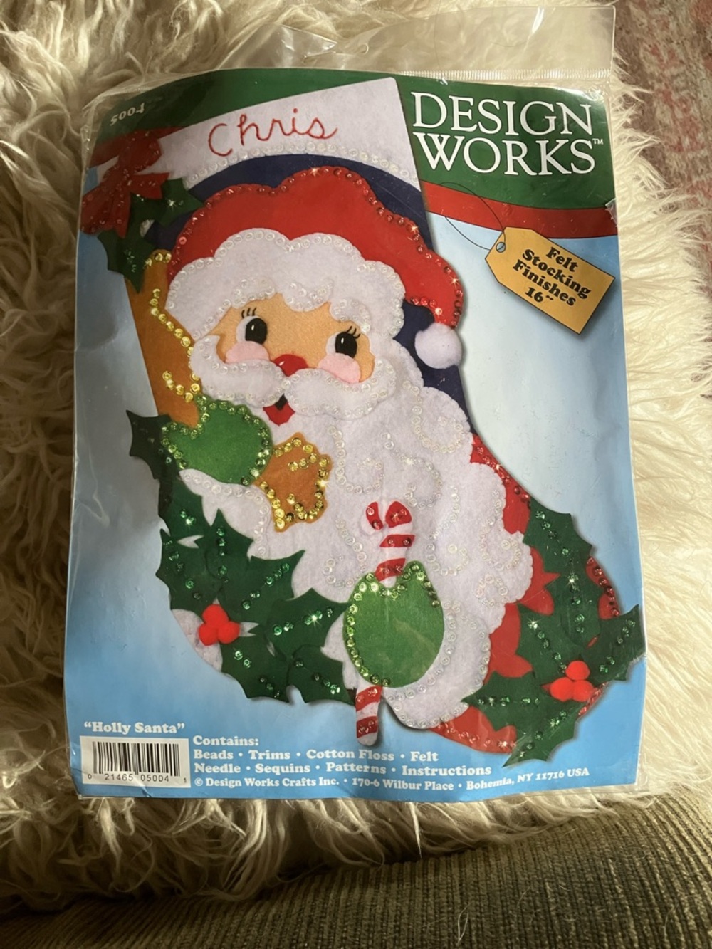 Design Works 16” Christmas Stocking Holly Santa Felt Stocking Kit - Red & White